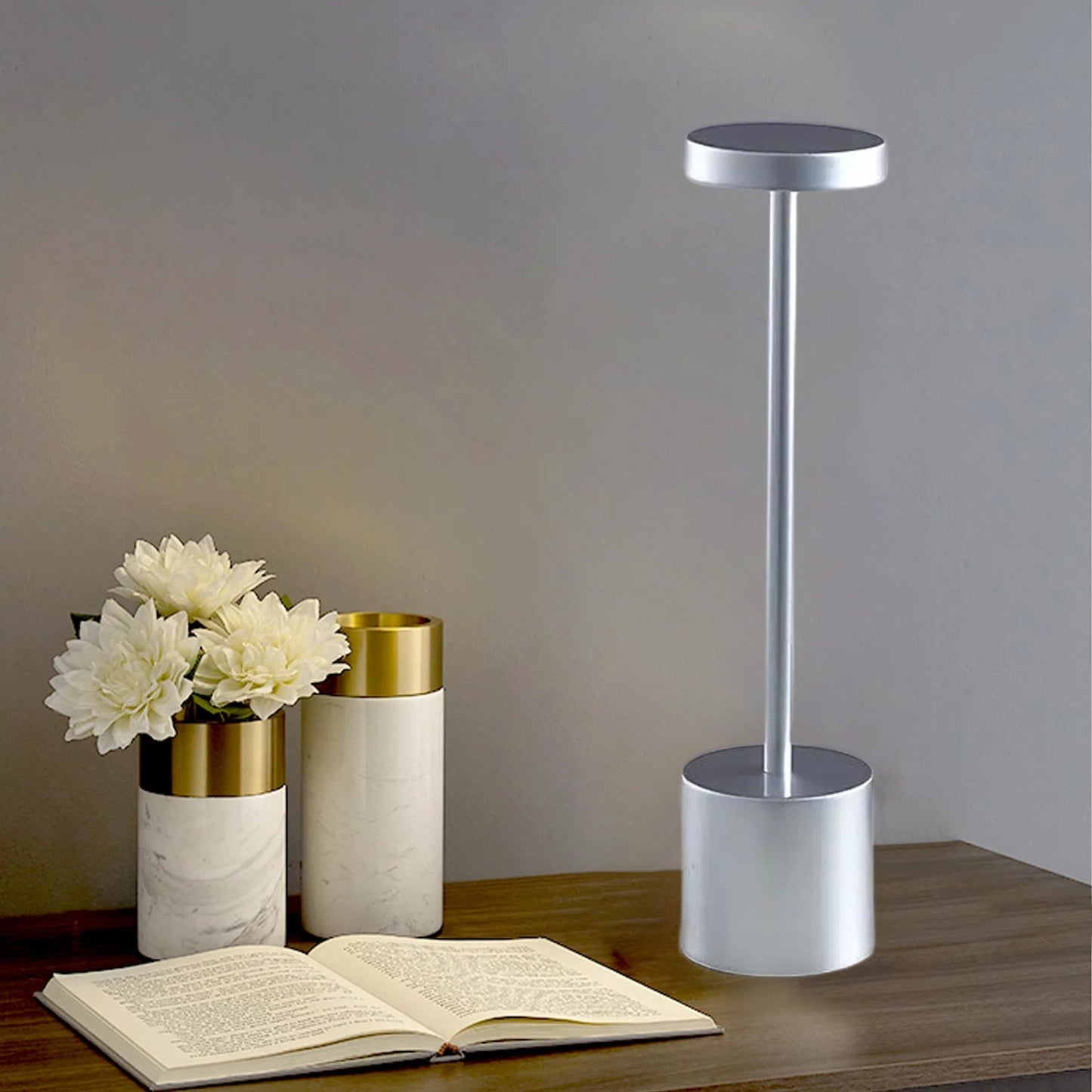 Luxury Designer LED Metal Tall Table Lamp Cordless Touch Sensor Night Light (Silver)