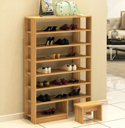 Majestic 8 Tier Shoe Rack Storage Organizer with Stool (Oak)