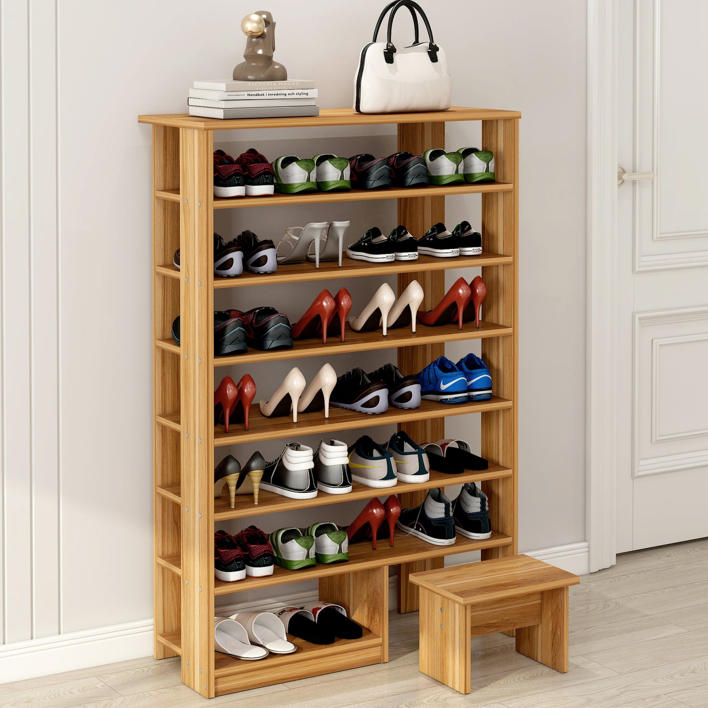 Majestic 8 Tier Shoe Rack Storage Organizer with Stool (Oak)