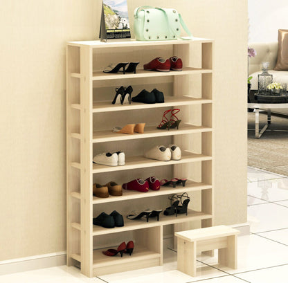 Majestic 8 Tier Shoe Rack Storage Organizer with Stool (White Oak)