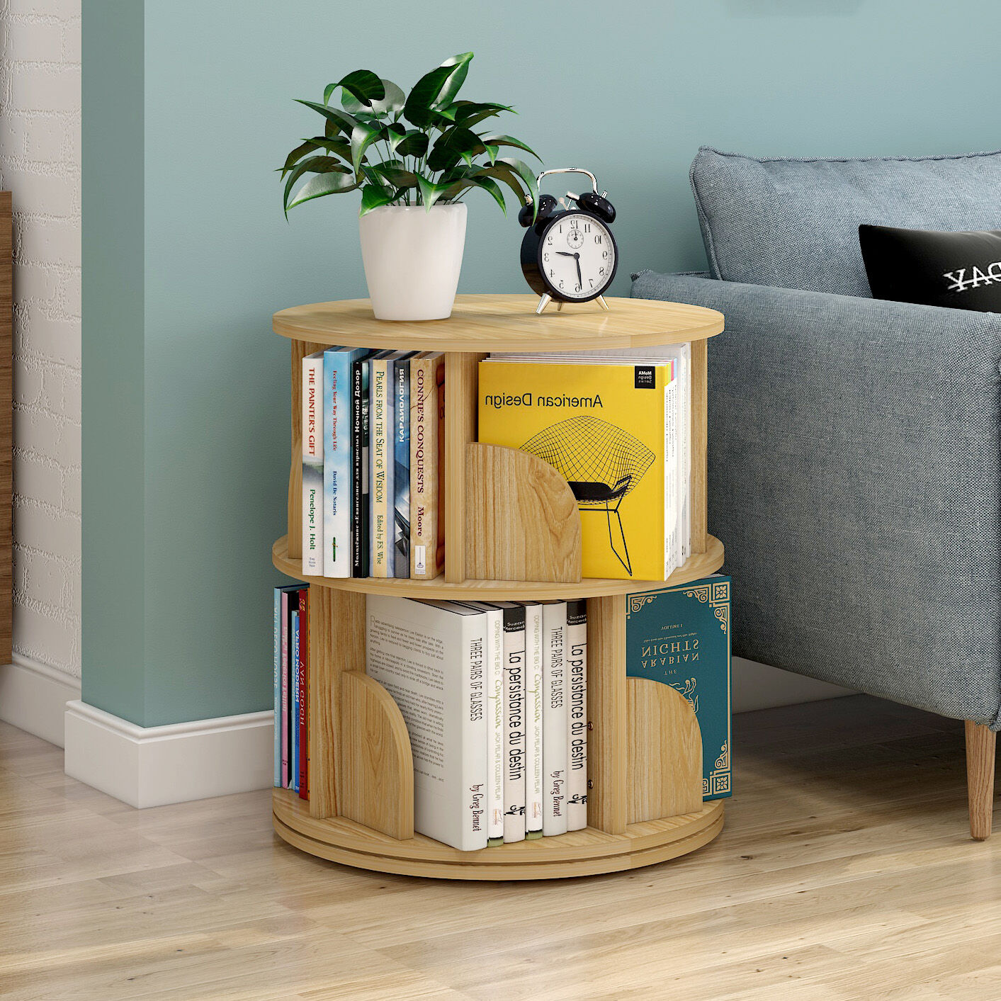 Sanctuary 360-degree Rotating 2 Tier Display Shelf Bookcase Organiser (Oak)