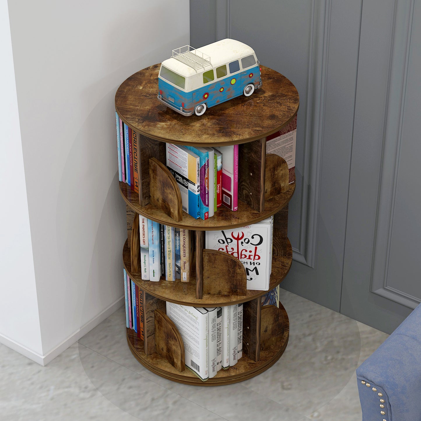 Sanctuary 360-degree Rotating 3 Tier Display Shelf Bookcase Organiser (Rustic Wood)