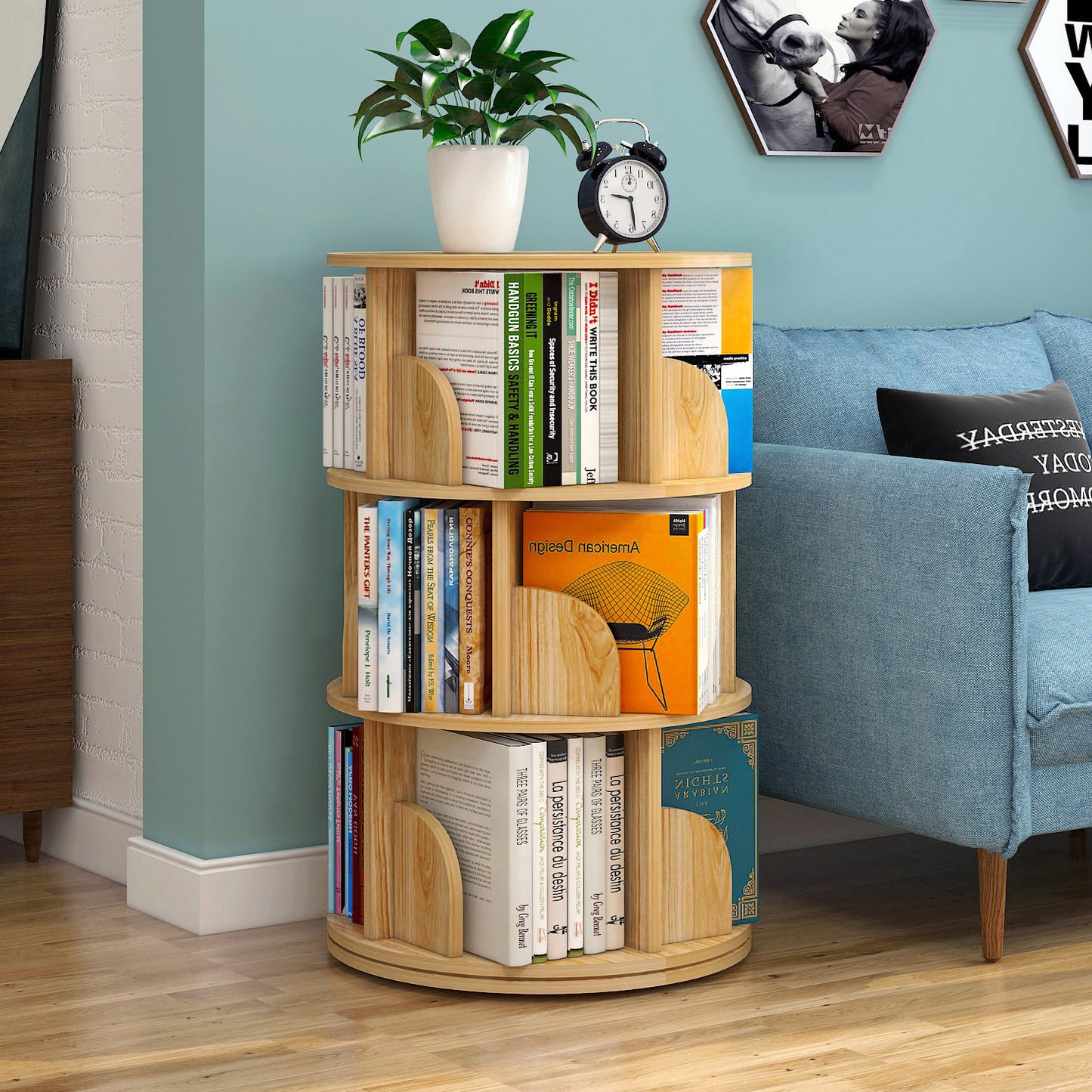 Sanctuary 360-degree Rotating 3 Tier Display Shelf Bookcase Organiser (Oak)