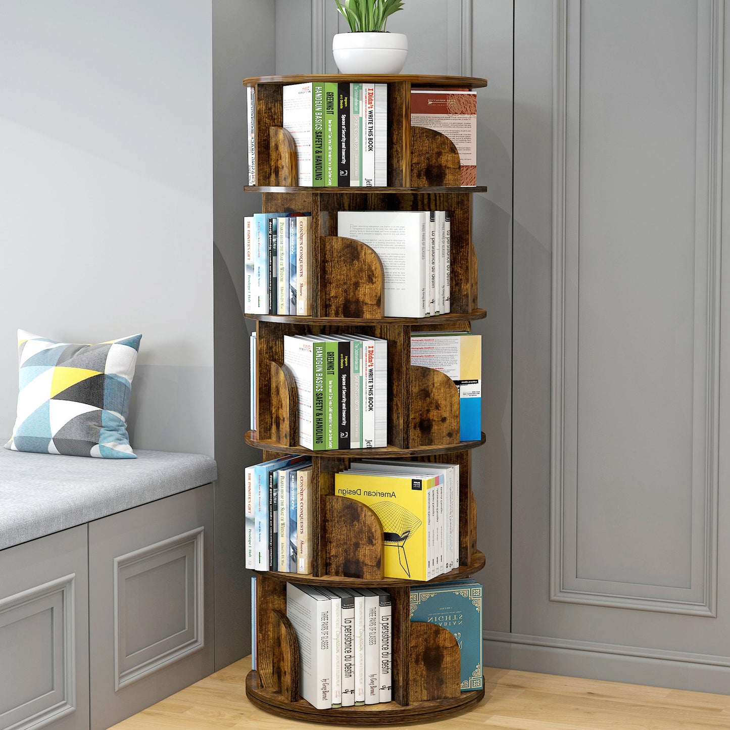 Sanctuary 360-degree Rotating 5 Tier Display Shelf Bookcase Organiser (Rustic Wood)