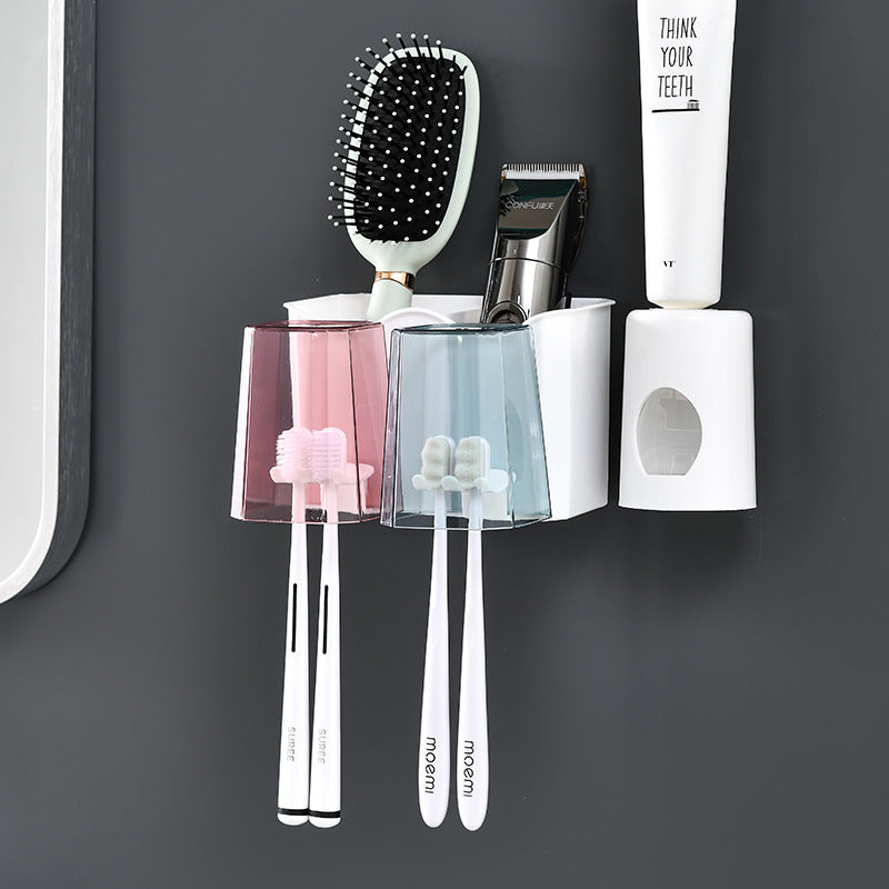 2-Cup Toothbrush Holder Rack and Automatic Toothpaste Dispenser Bathroom Organiser Set