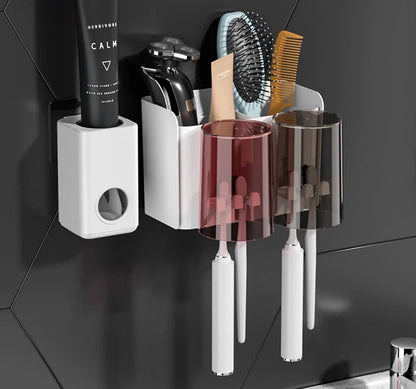 2-Cup Toothbrush Holder Rack and Automatic Toothpaste Dispenser Bathroom Organiser Set