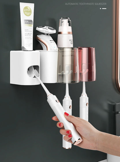 2-Cup Toothbrush Holder Rack and Automatic Toothpaste Dispenser Bathroom Organiser Set