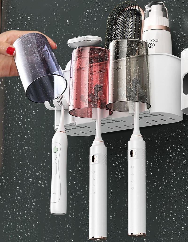 3-Cup Toothbrush Holder Rack and Automatic Toothpaste Dispenser Bathroom Organiser Set