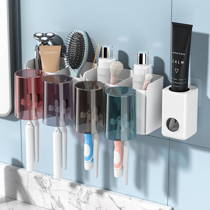 4-Cup Toothbrush Holder Rack and Automatic Toothpaste Dispenser Bathroom Organiser Set