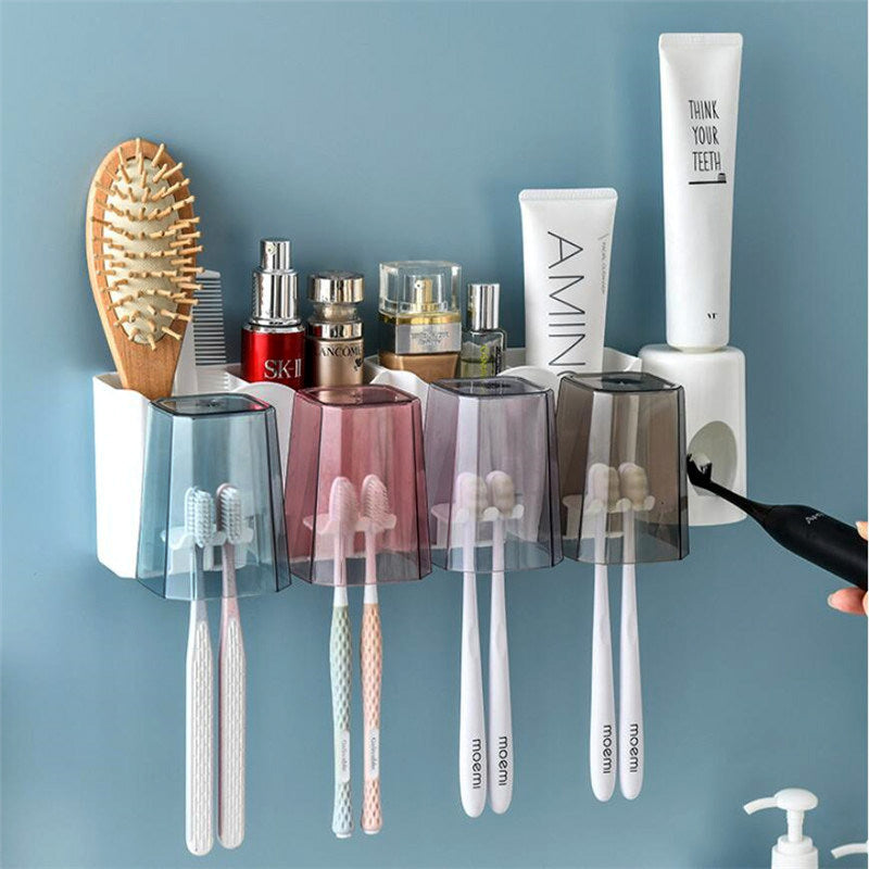 4-Cup Toothbrush Holder Rack and Automatic Toothpaste Dispenser Bathroom Organiser Set