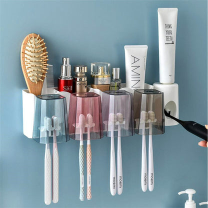 4-Cup Toothbrush Holder Rack and Automatic Toothpaste Dispenser Bathroom Organiser Set