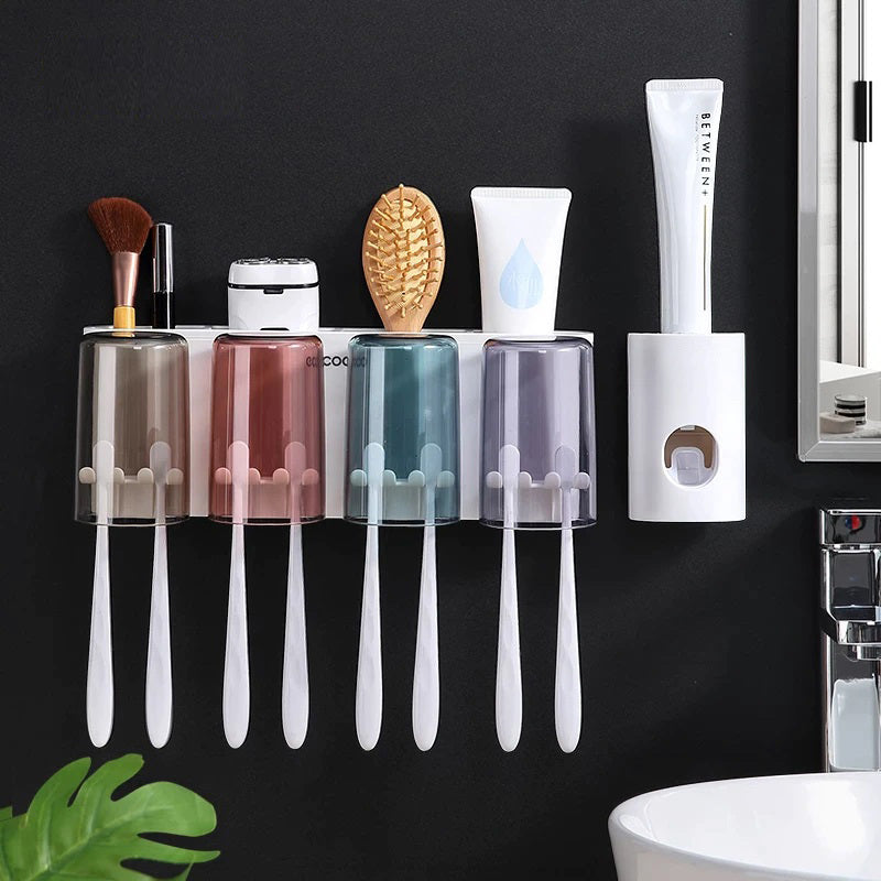 4-Cup Toothbrush Holder Rack and Automatic Toothpaste Dispenser Bathroom Organiser Set