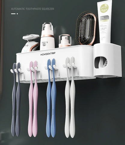 4-Cup Toothbrush Holder Rack and Automatic Toothpaste Dispenser Bathroom Organiser Set