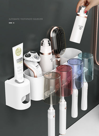 4-Cup Toothbrush Holder Rack and Automatic Toothpaste Dispenser Bathroom Organiser Set