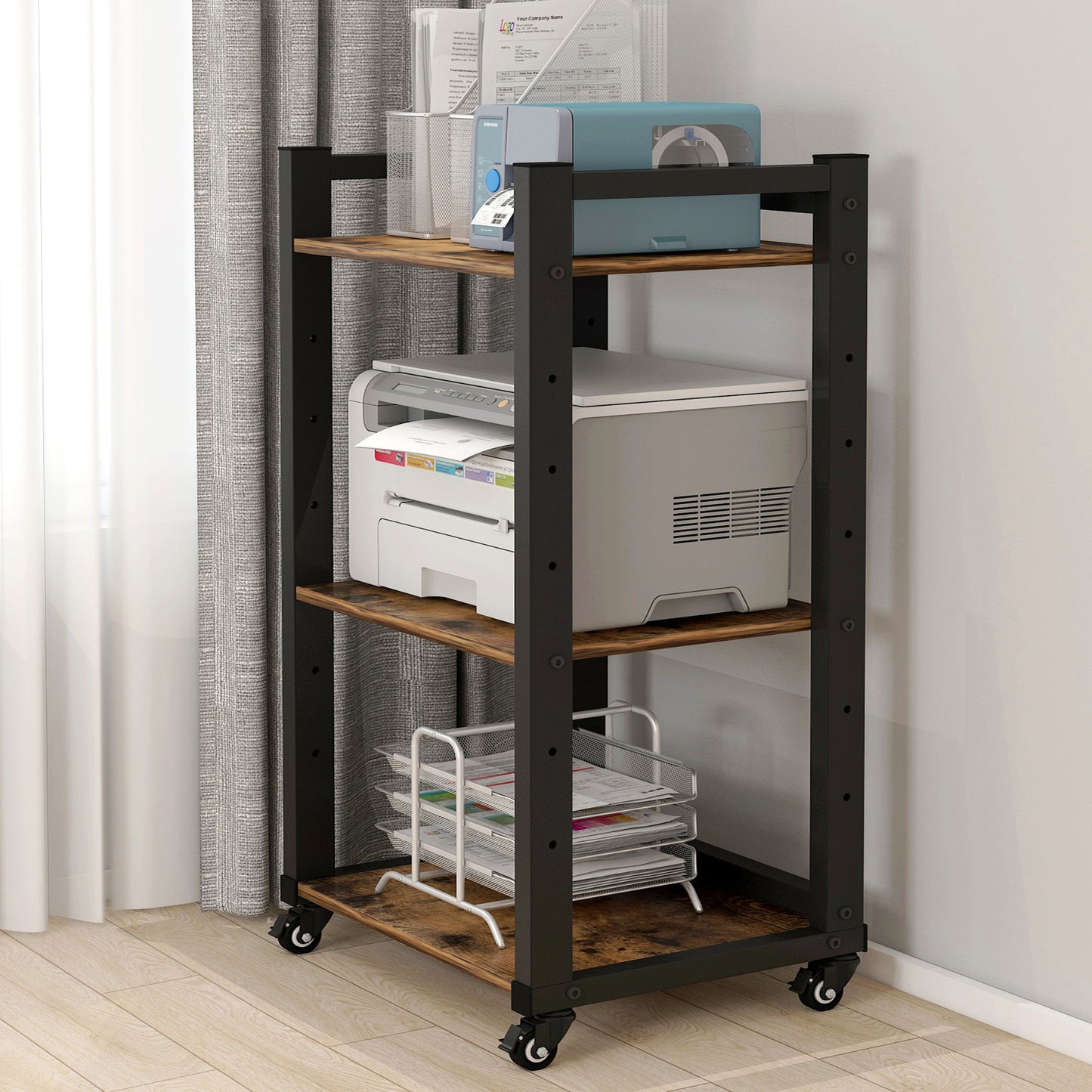 Fortis Heavy Duty Rustic Wood and Steel Multipurpose Utility Trolley Storage Shelf Organizer