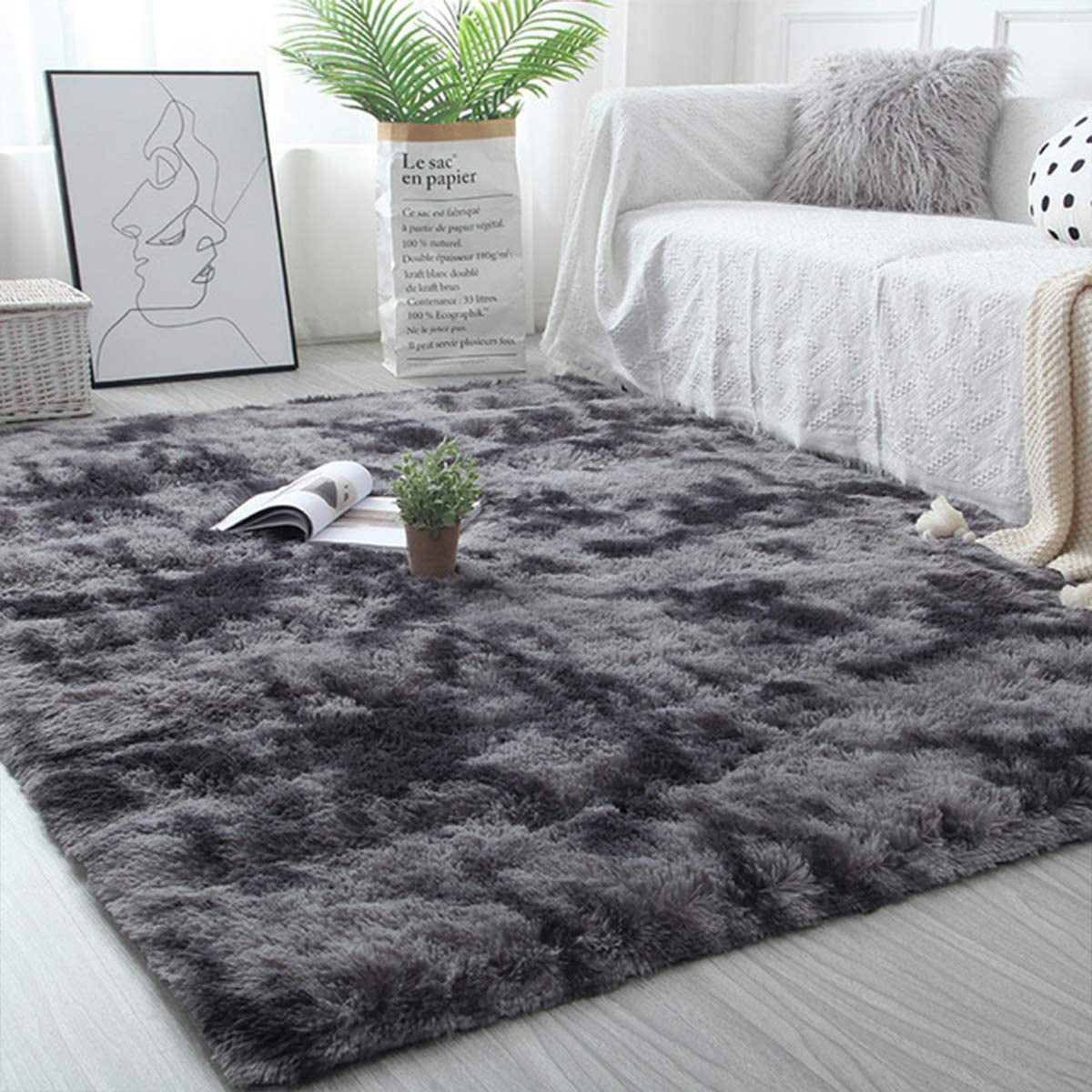 Soft Bedroom/Living Room Comfortable Shag Rug (200 x 140, Charcoal & Grey)