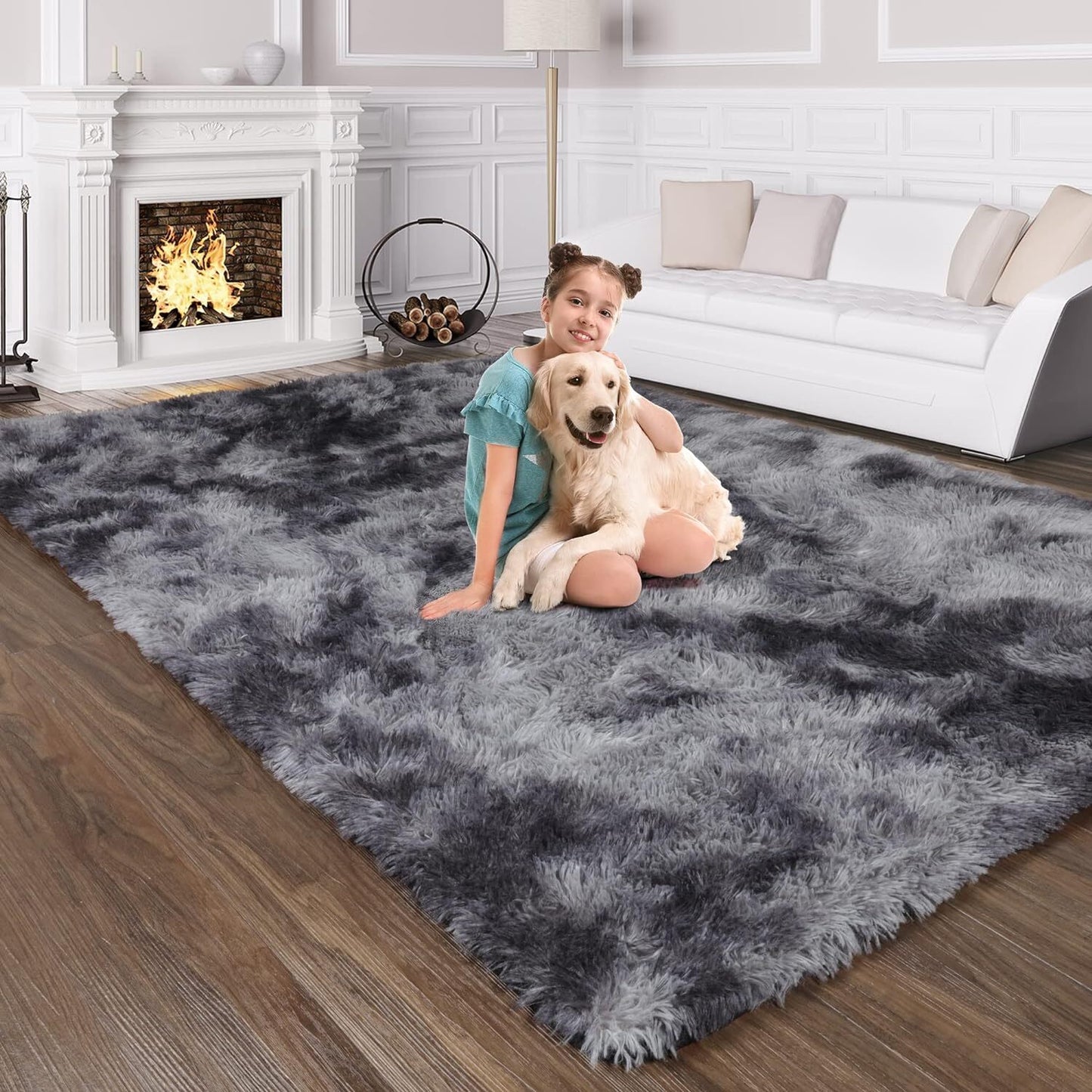 Soft Bedroom/Living Room Comfortable Shag Rug (200 x 140, Charcoal & Grey)