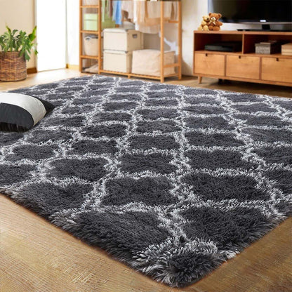 Soft Bedroom/Living Room Comfortable Shag Rug (200 x 140, Black Lattice)