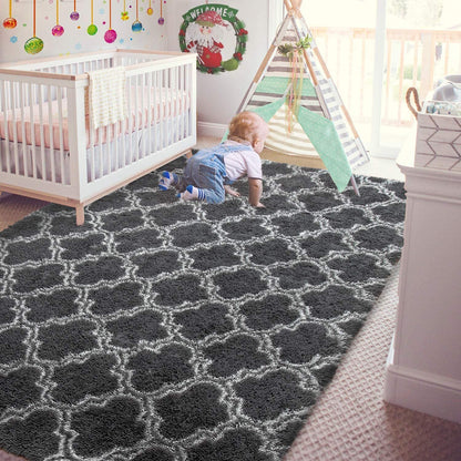 Soft Bedroom/Living Room Comfortable Shag Rug (200 x 140, Black Lattice)