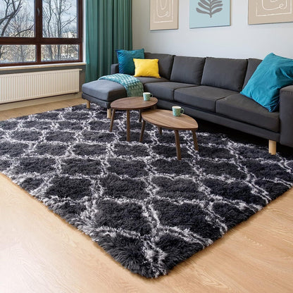 Soft Bedroom/Living Room Comfortable Shag Rug (200 x 140, Black Lattice)