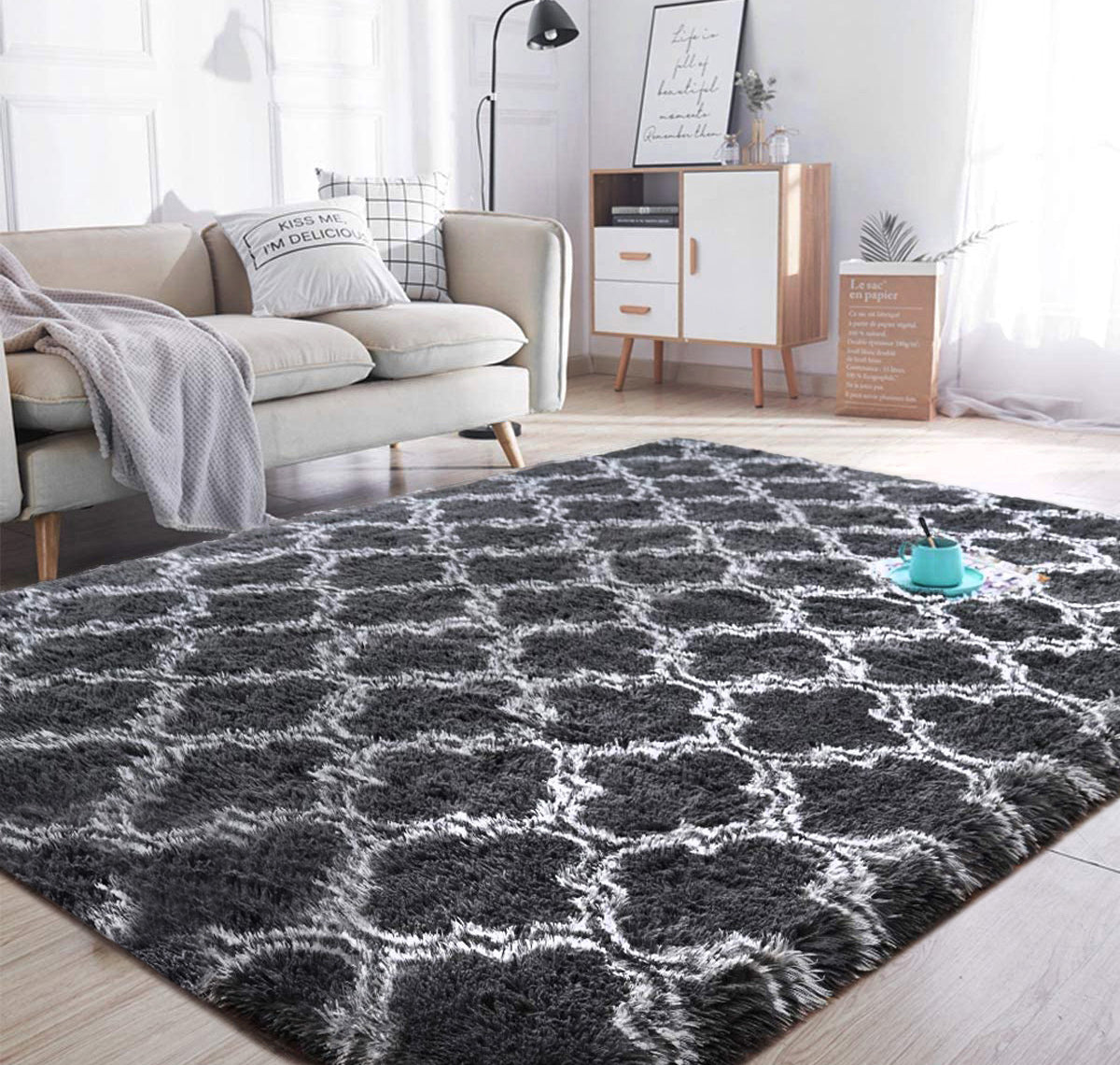 Soft Bedroom/Living Room Comfortable Shag Rug (200 x 140, Black Lattice)