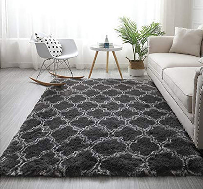 Soft Bedroom/Living Room Comfortable Shag Rug (200 x 140, Black Lattice)