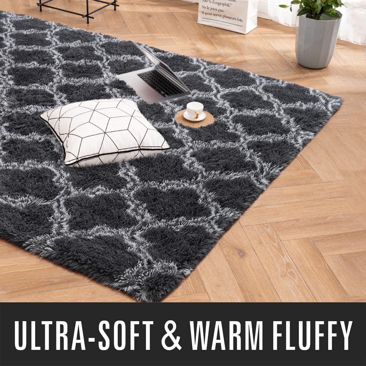 Soft Bedroom/Living Room Comfortable Shag Rug (200 x 140, Black Lattice)