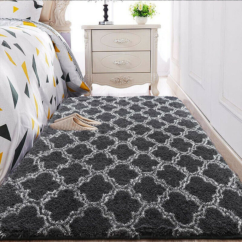 Soft Bedroom/Living Room Comfortable Shag Rug (200 x 140, Black Lattice)