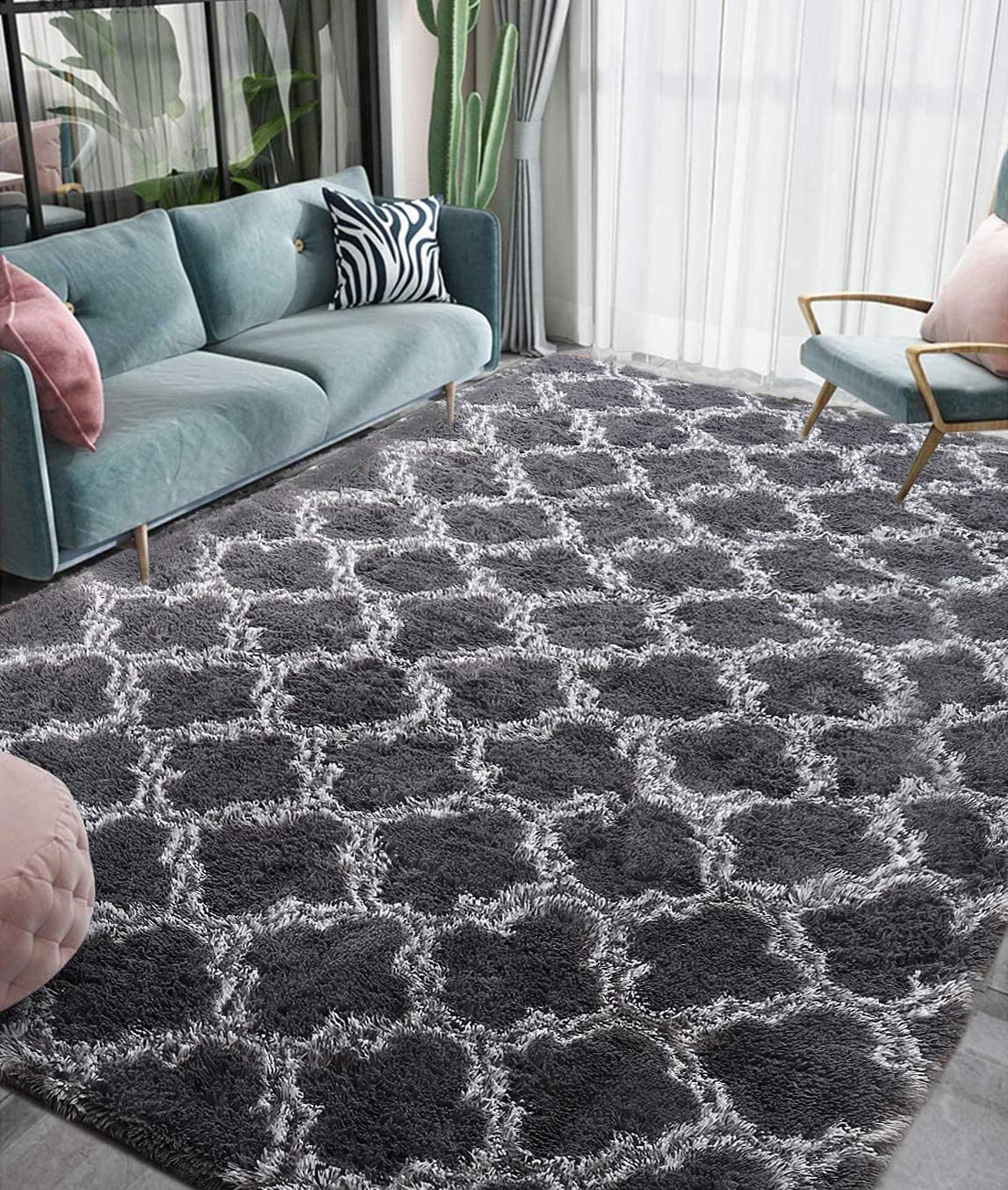 Soft Bedroom/Living Room Comfortable Shag Rug (200 x 140, Black Lattice)