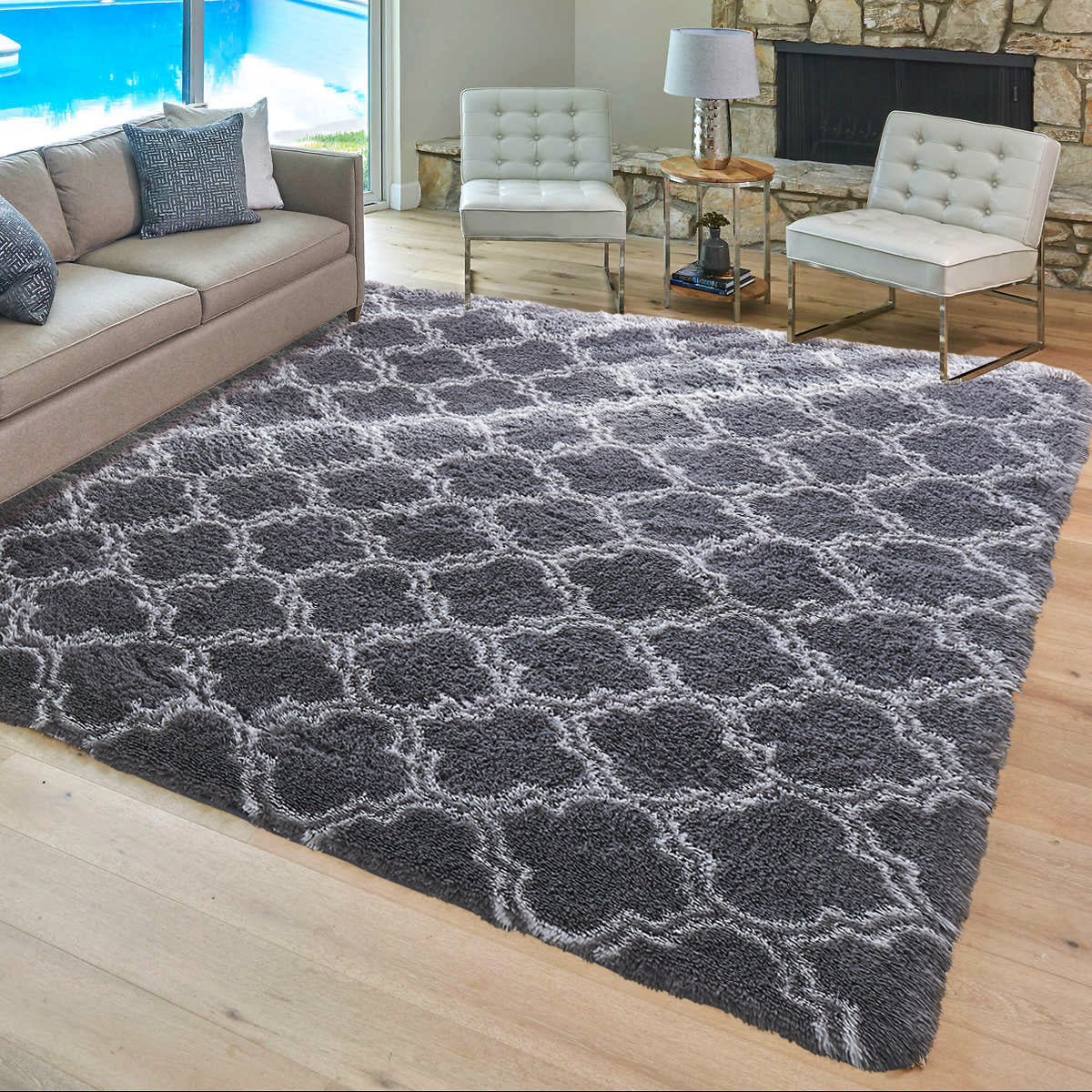 Soft Bedroom/Living Room Comfortable Shag Rug (200 x 140, Black Lattice)