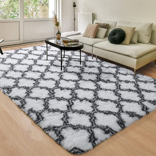 Soft Bedroom/Living Room Comfortable Shag Rug (200 x 140, White Lattice)