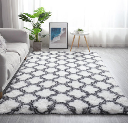 Soft Bedroom/Living Room Comfortable Shag Rug (200 x 140, White Lattice)