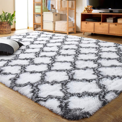 Soft Bedroom/Living Room Comfortable Shag Rug (200 x 140, White Lattice)