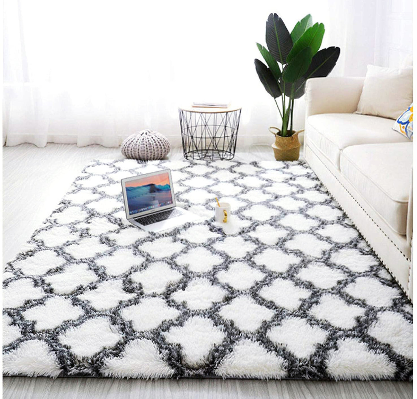 Soft Bedroom/Living Room Comfortable Shag Rug (200 x 140, White Lattice)