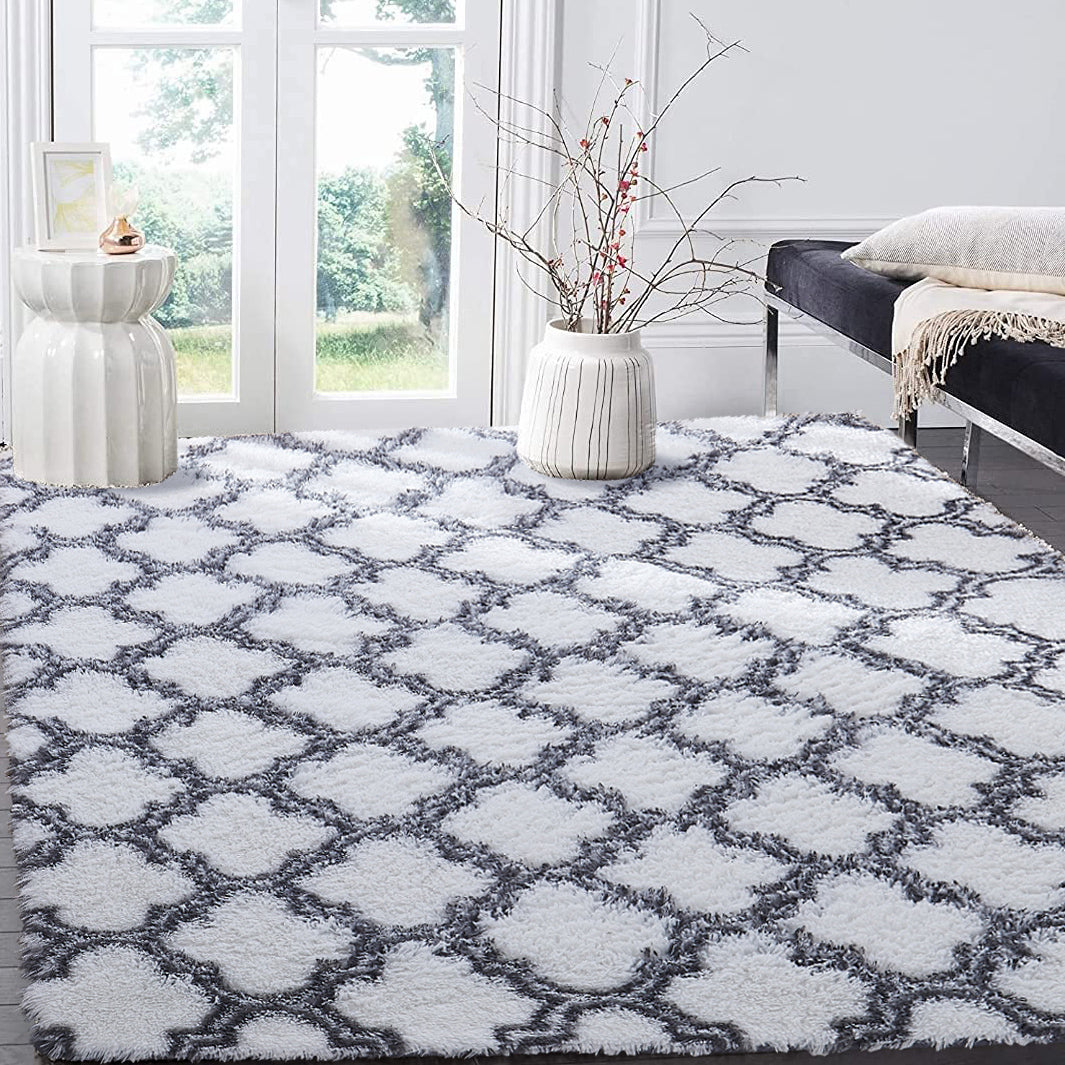 Soft Bedroom/Living Room Comfortable Shag Rug (200 x 140, White Lattice)