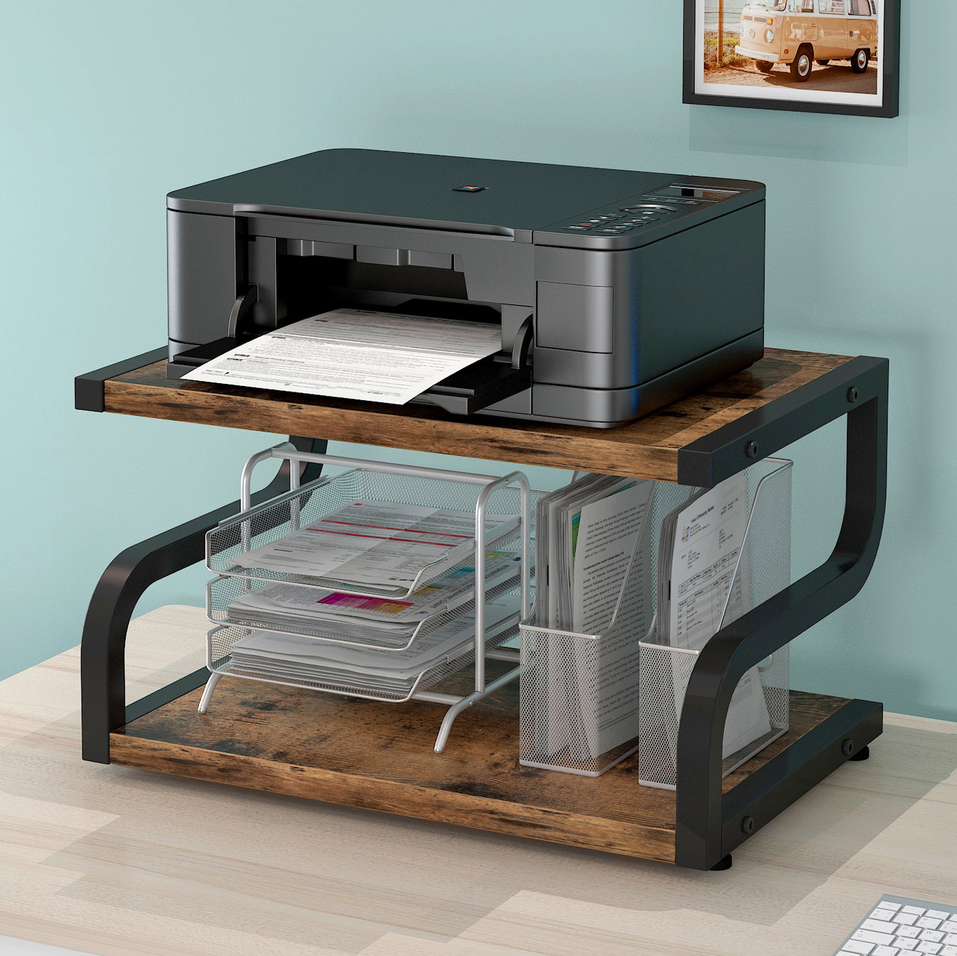 Deluxe Rustic Wood and Steel Desktop Shelf Printer Stand Storage Rack
