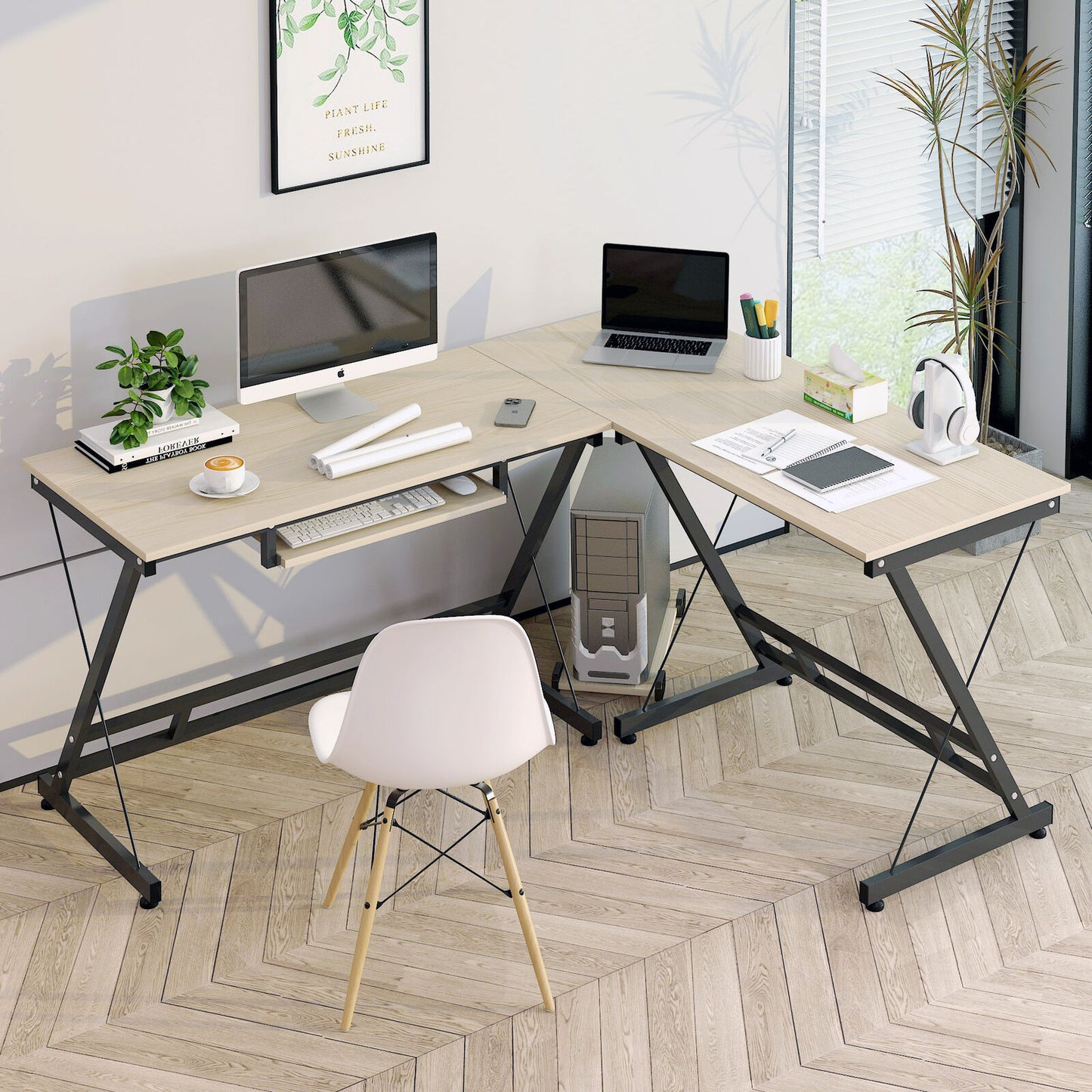 Oracle Corner Computer Desk Office Double Workstation (White Oak)