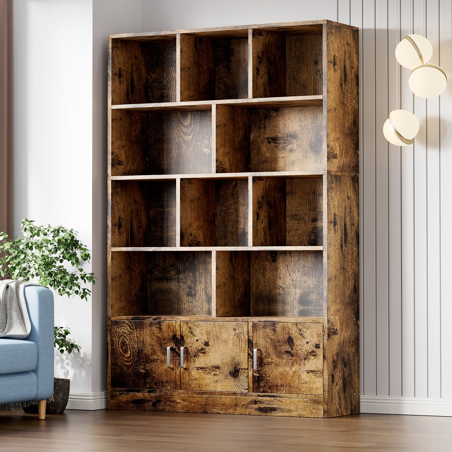 Alpha 10-Shelf 3-Door Wardrobe Cupboard Bookshelf Cabinet (Rustic Wood)