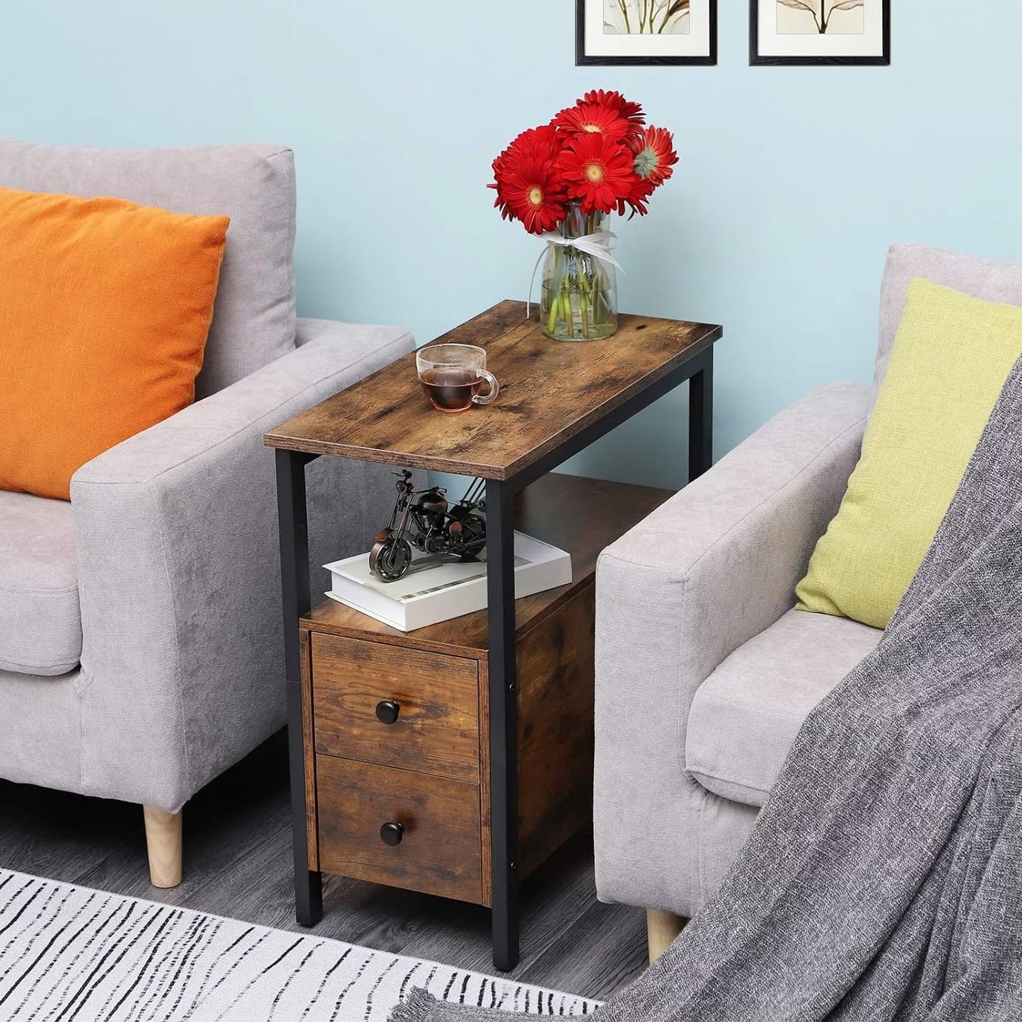Verona Rustic Wood & Metal Bedside Sofa Side Table with Drawers