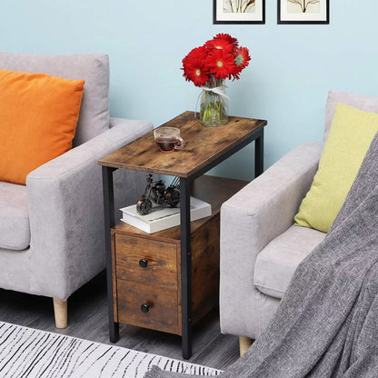 Verona Rustic Wood & Metal Bedside Sofa Side Table with Drawers