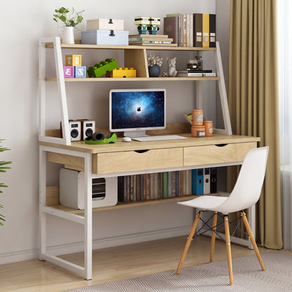 Enterprise Large Computer Desk Workstation with Shelves & Drawers (Natural Oak)