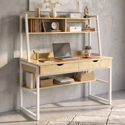 Enterprise Large Computer Desk Workstation with Shelves & Drawers (Natural Oak)
