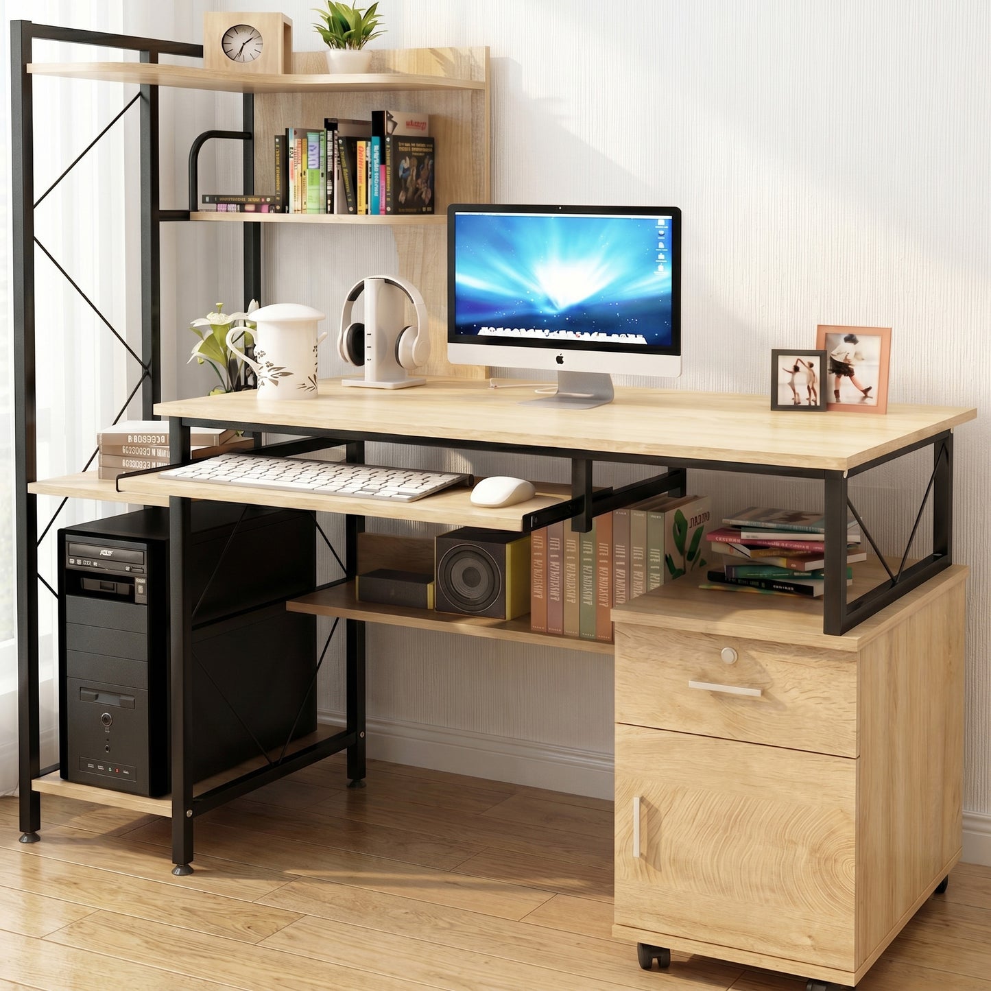 Prime Multi-function Computer Desk Workstation with Shelves & Cabinet (Coastal Oak)