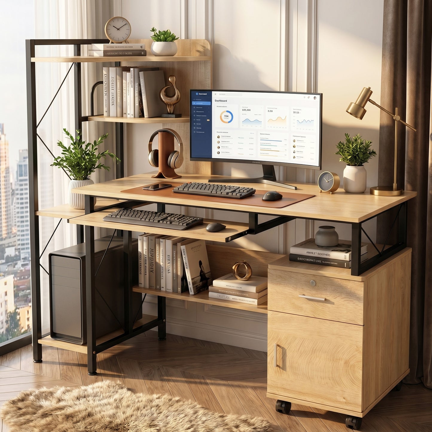 Prime Multi-function Computer Desk Workstation with Shelves & Cabinet (Coastal Oak)