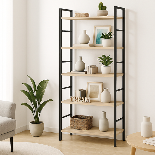 5 Tier Multifunction Heavy Duty Bookcase Wood & Steel Storage Shelf Organizer (Coastal Oak)