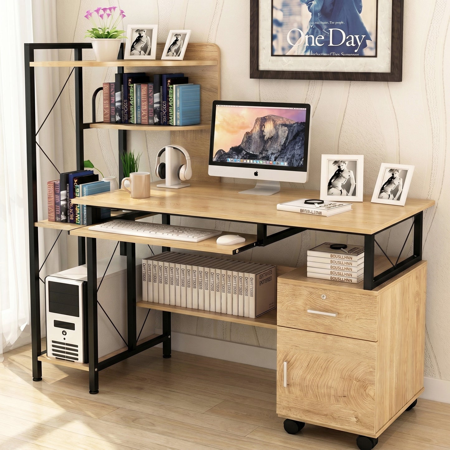 Prime Multi-function Computer Desk Workstation with Shelves & Cabinet (Coastal Oak)