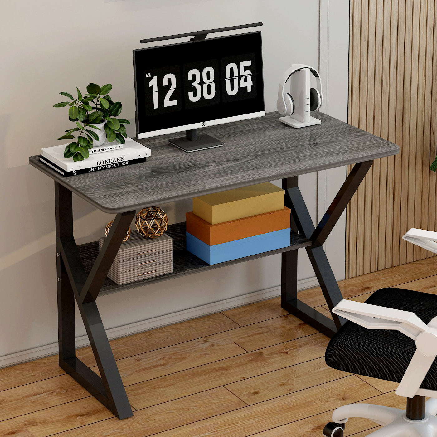 Kori Wood & Metal Computer Desk with Shelf (Rustic Grey) - 80cm