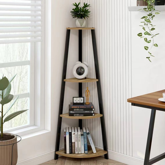 4-Tier Corner Ladder Shelf Unit Rustic Wood & Steel Display Stand Storage Rack (Oak)