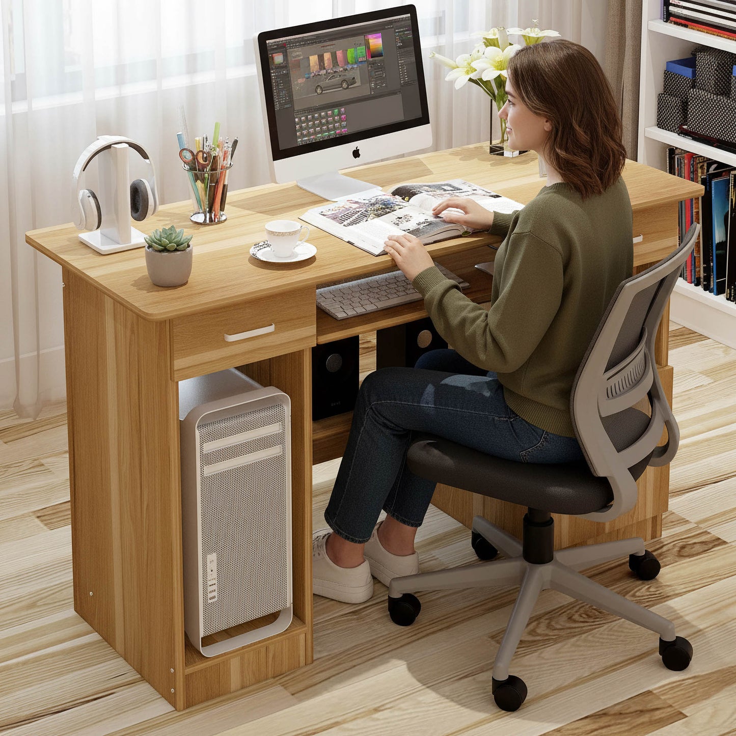 Executive Office Computer Desk with Drawers, Cabinet, Shelves (Oak)