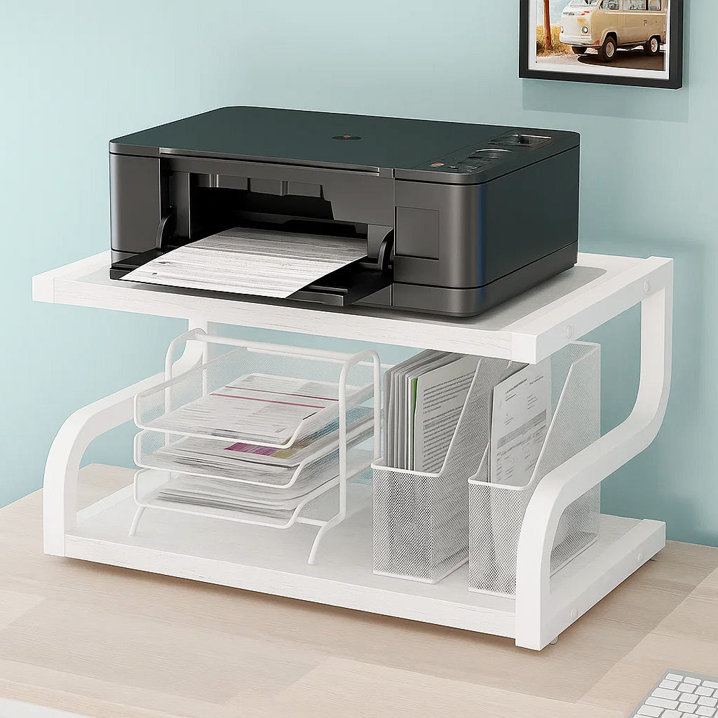 Deluxe Rustic Oak Desktop Shelf Wood & Steel Printer Stand Storage Rack Organizer (White)